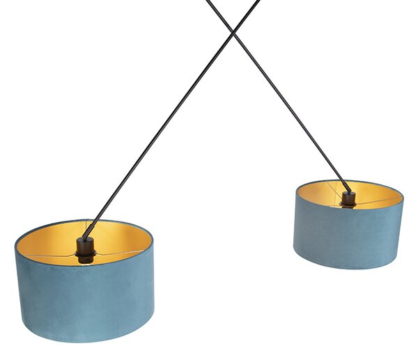 Lampa wisząca czarna z niebieskimi i złotymi abażurami z weluru 35 cm 2-światłowa - Blitz