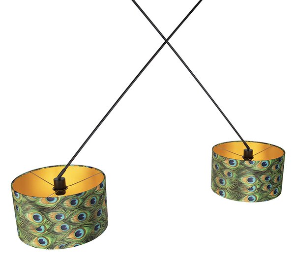 Lampa wisząca czarna z abażurami z aksamitu w kolorze pawia ze złotem 35 cm 2-światłowa - Blitz