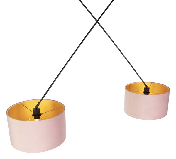Lampa wisząca czarna z różowymi i złotymi abażurami z weluru 35 cm 2-światłowa - Blitz