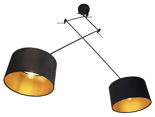 Lampa wisząca czarna z czarnymi i złotymi abażurami z weluru 35 cm 2-światłowa - Blitz