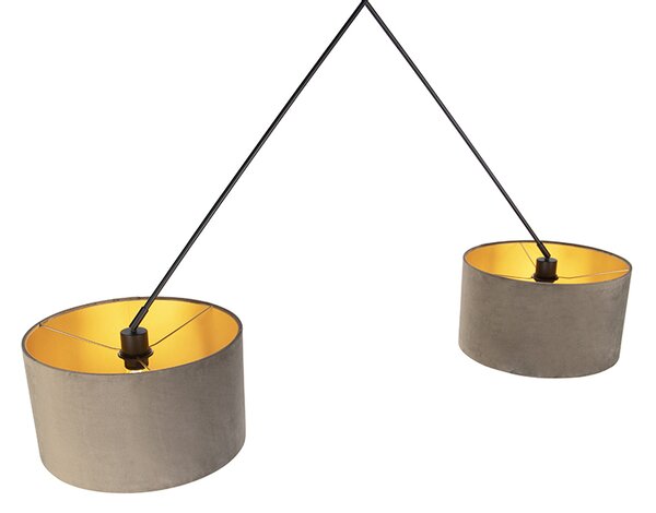 Lampa wisząca czarna z abażurami z weluru w kolorze taupe ze złotem 35 cm 2-światłowa - Blitz