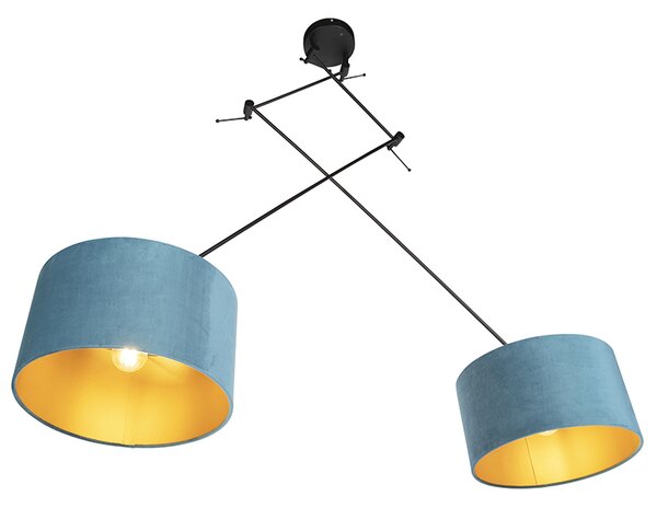 Lampa wisząca czarna z niebieskimi i złotymi abażurami z weluru 35 cm 2-światłowa - Blitz