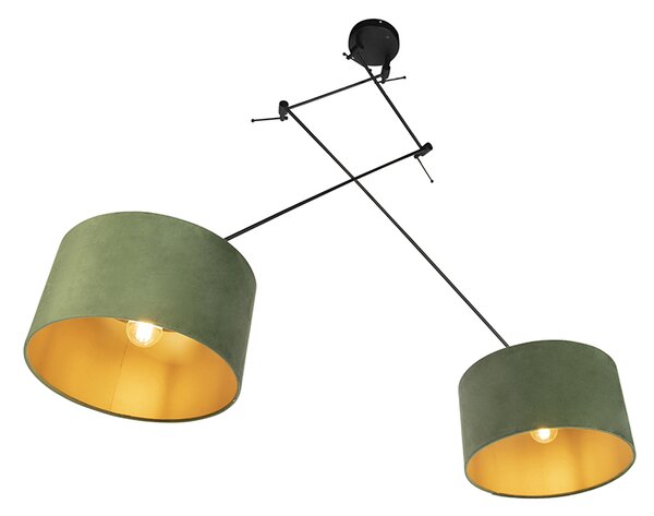 Lampa wisząca czarna z zielonymi i złotymi abażurami z weluru 35 cm 2-światłowa - Blitz