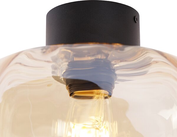 Designerska lampa sufitowa czarna z bursztynowym szkłem - Qara