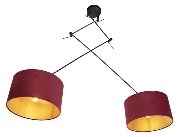 Lampa wisząca czarna z czerwonymi i złotymi abażurami z weluru 35 cm 2-światłowa - Blitz