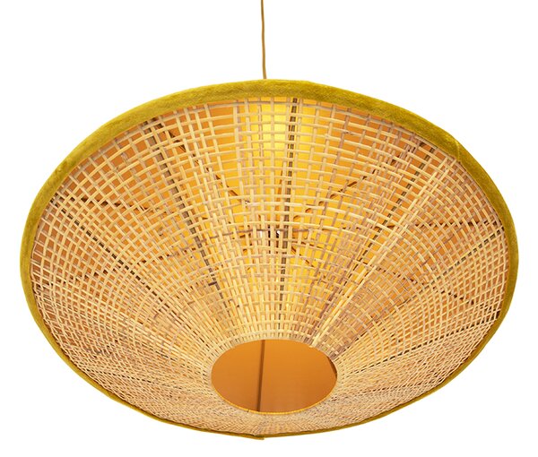 Rustykalna lampa wisząca żółty welur z rattanu 60 cm - Frills Can