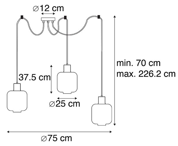Designerska lampa wisząca czarna z bursztynowym szkłem 3-światłowa 226 cm - Qara