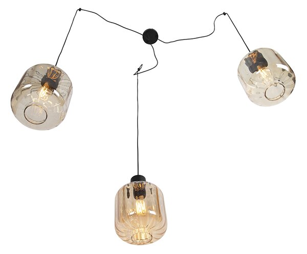 Designerska lampa wisząca czarna z bursztynowym szkłem 3-światłowa 226 cm - Qara