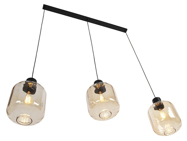 Designerska lampa wisząca czarna z bursztynowym szkłem 3-światła 161,5 cm - Qara