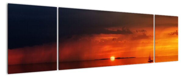 Obraz zachodu słońca z żaglówką (170x50 cm)