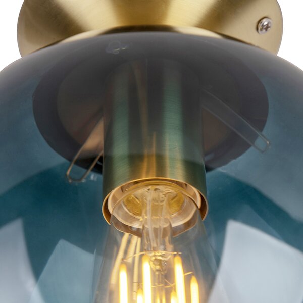 Lampa sufitowa art deco mosiądz z oceanicznym niebieskim szkłem - Pallon
