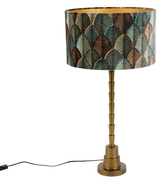 Lampa stołowa brązowa z aksamitnym abażurem w designie liści i złotym wnętrzem - Pisos