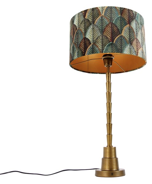 Lampa stołowa brązowa z aksamitnym abażurem w designie liści i złotym wnętrzem - Pisos