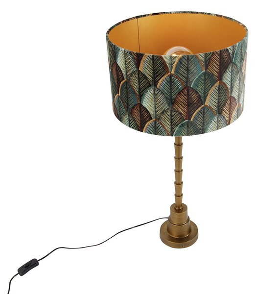 Lampa stołowa brązowa z aksamitnym abażurem w designie liści i złotym wnętrzem - Pisos