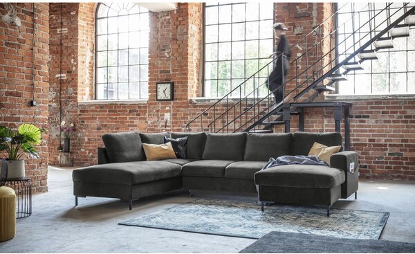 Ciemnoszara aksamitna rozkładana sofa w kształcie litery "U" Miuform Lofty Lilly, lewostronna