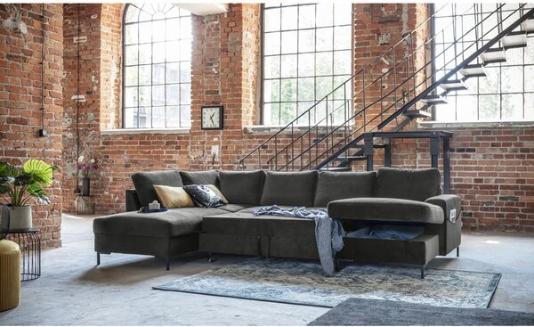 Ciemnoszara aksamitna rozkładana sofa w kształcie litery "U" Miuform Lofty Lilly, lewostronna