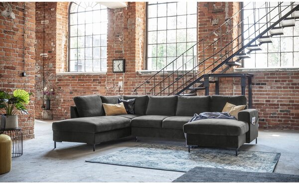 Ciemnoszara aksamitna rozkładana sofa w kształcie litery "U" Miuform Lofty Lilly, lewostronna