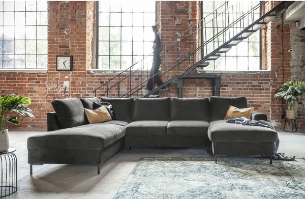 Ciemnoszara aksamitna rozkładana sofa w kształcie litery "U" Miuform Lofty Lilly, lewostronna