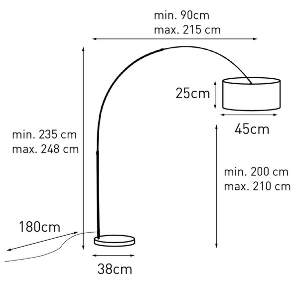 Stalowa lampa łukowa z białym kloszem materiałowym 45 cm - XXL