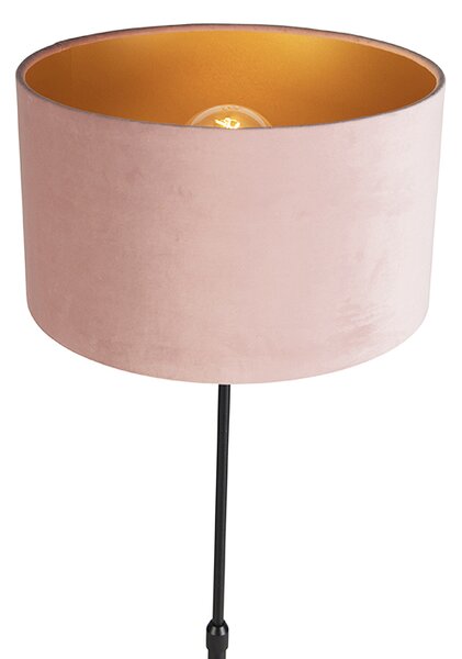 Lampa stojąca czarna z różowym aksamitnym kloszem ze złotem 35 cm - Parte