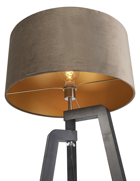 Lampa podłogowa trójnóg czarna z abażurem w kolorze taupe i złotem 50 cm - Puros