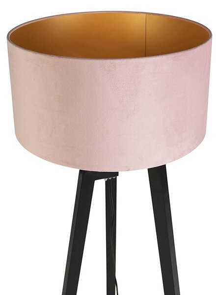 Lampa podłogowa trójnóg czarna z różowym kloszem i złotem 50 cm - Puros