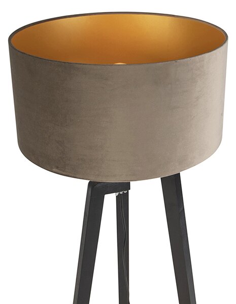 Lampa podłogowa trójnóg czarna z abażurem w kolorze taupe i złotem 50 cm - Puros