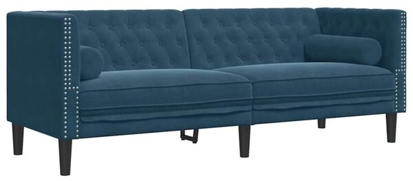 Sofa chesterfield z waÅkami, trzyosobowa, niebieska, aksamit