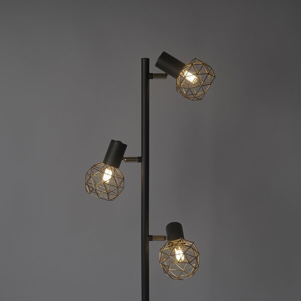 Designerska lampa stojąca czarna ze złotem 3-światłowa regulowana - Mesh