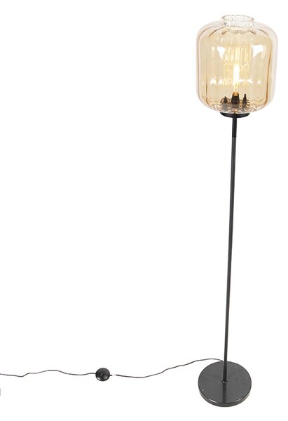 Designerska lampa podłogowa czarna z bursztynowym szkłem - Qara