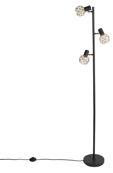 Designerska lampa stojąca czarna ze złotem 3-światłowa regulowana - Mesh