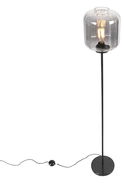 Designerska lampa podłogowa czarna z przydymionym szkłem - Qara
