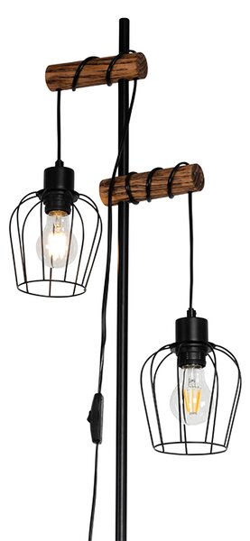 Rustykalna lampa podłogowa czarna z drewnem 2-światła - Stronk