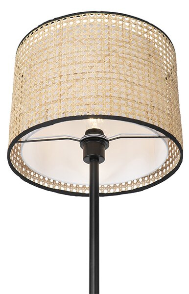 Lampa stojąca rustykalna czarna z abażurem z rattanu - Kata