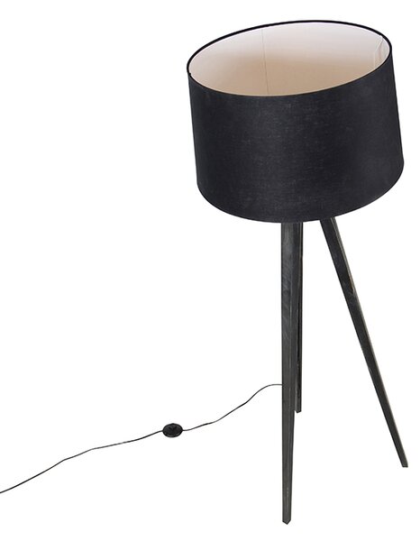 Lampa stojąca na statywie czarna z abażurem z lnu czarnego 45 cm - Tripod Classic