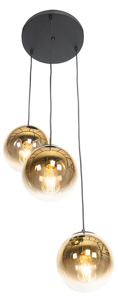 Lampa wisząca w stylu art deco czarna ze szklanymi kulami w kolorze złotym, okrągła, 3-światłowa - Pallon