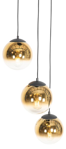 Lampa wisząca w stylu art deco czarna ze szklanymi kulami w kolorze złotym, okrągła, 3-światłowa - Pallon