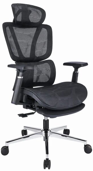 Czarny ergonomiczny fotel obrotowy z zagłówkiem i podnóżkiem L8-L77