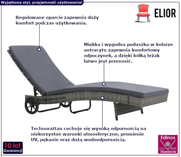 Antracytowy leżak ogrodowy z kółkami L2-C26