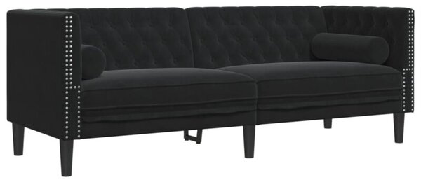 Sofa chesterfield z waÅkami, trzyosobowa, czarna, aksamit