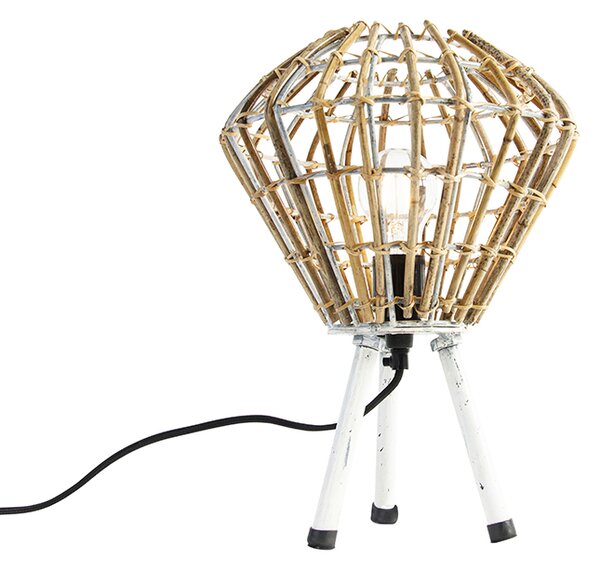 Rustykalna lampa stołowa trójnóg bambusowa z białym - Canna Diamond
