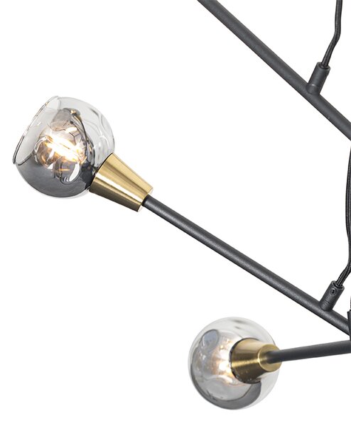 Lampa wisząca czarna z mosiądzem i przydymionym szkłem 6-świateł - Vidro