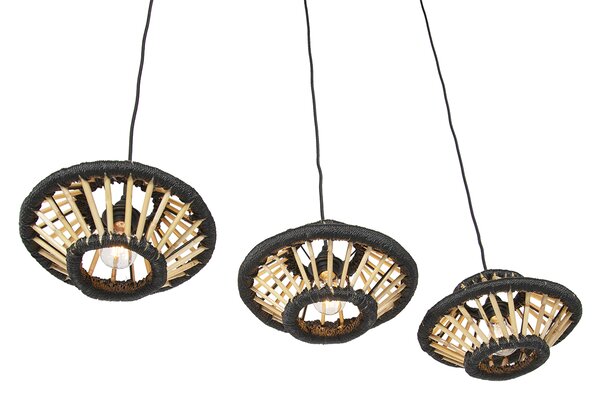 Orientalna lampa wisząca bambusowa z czarnym owalnym kloszem 3-światłowym - Evalin