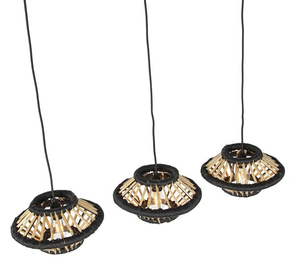 Orientalna lampa wisząca bambusowa z czarnym owalnym kloszem 3-światłowym - Evalin