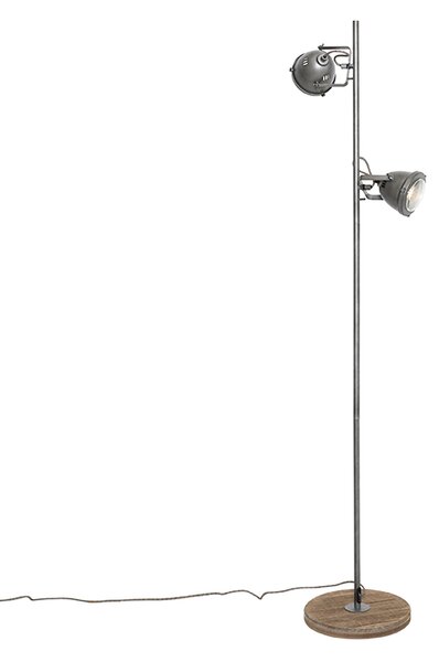 Industrialna lampa podłogowa stalowa z drewnem 2-światła - Emado
