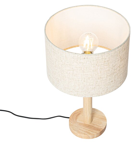 Rustykalna lampa stołowa drewniana z abażurem z lnu beżowym 25 cm - Mels