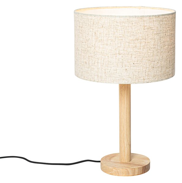 Rustykalna lampa stołowa drewniana z abażurem z lnu beżowym 25 cm - Mels