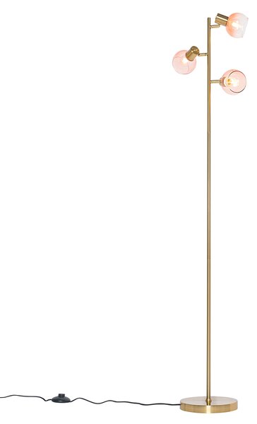 Lampa stojąca art deco złota z różowym szkłem 3-źródła światła - Vidro