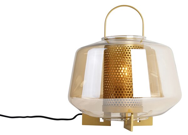 Lampa stołowa art deco złota z bursztynowym szkłem 30 cm - Kevin