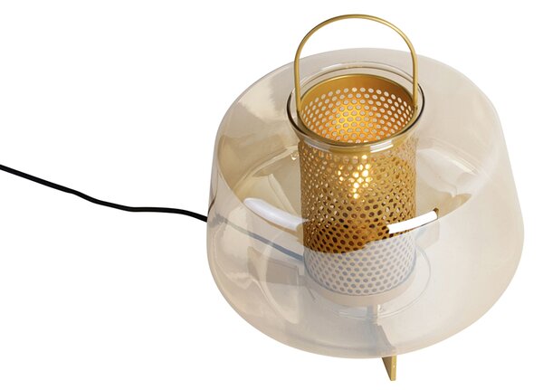 Lampa stołowa art deco złota z bursztynowym szkłem 30 cm - Kevin